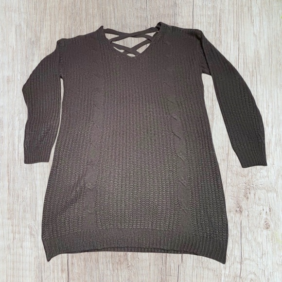 Extra Long V-Neck Sweater XL Stiletto Long Sleeves Olive Green Open Back - Picture 2 of 9